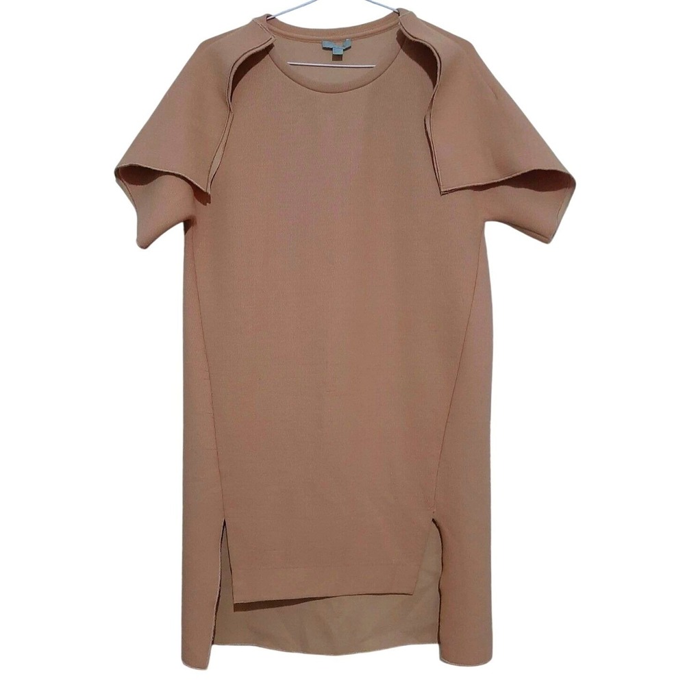 COS Dress Ribbed Knit Architectural Shoulder Women XS Camel Tan Split Hem